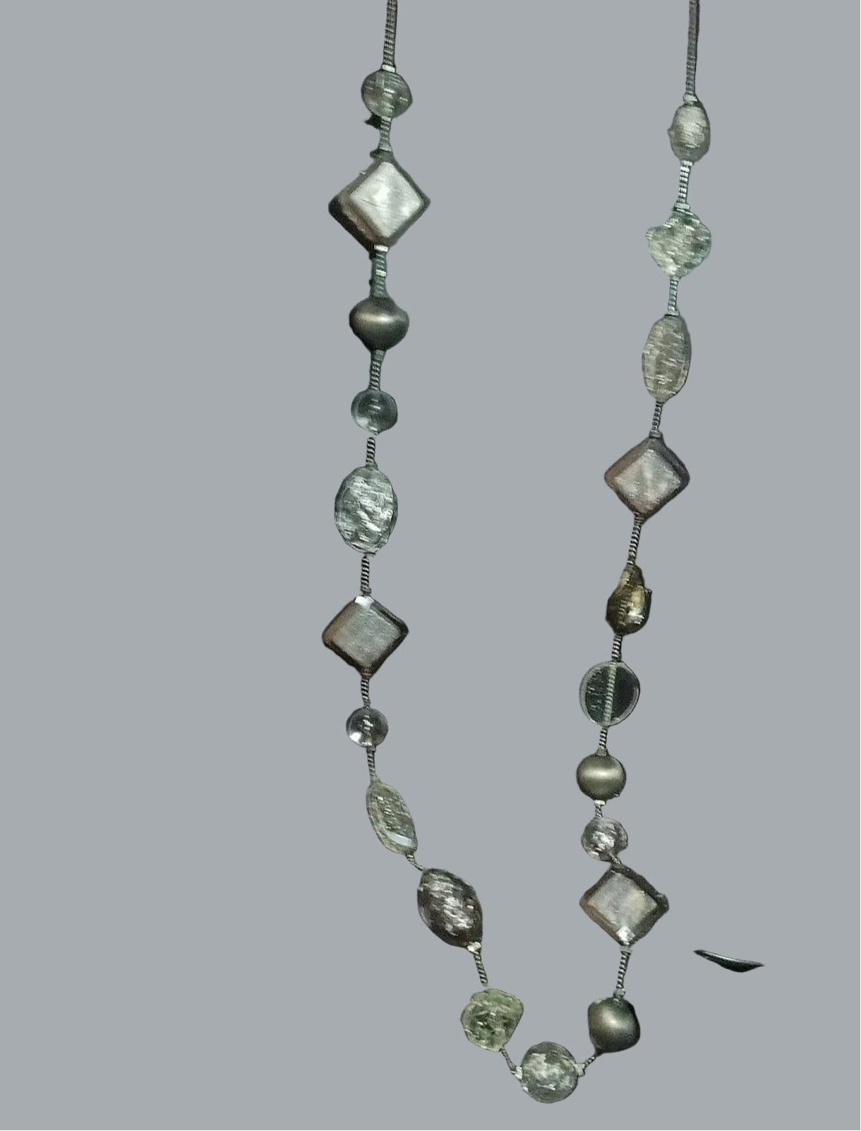 NY Signed Chunky Gray Clear Glass Bead Long Statement Necklace