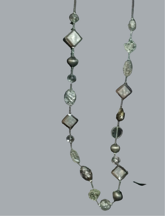 NY Signed Chunky Gray Clear Glass Bead Long Statement Necklace