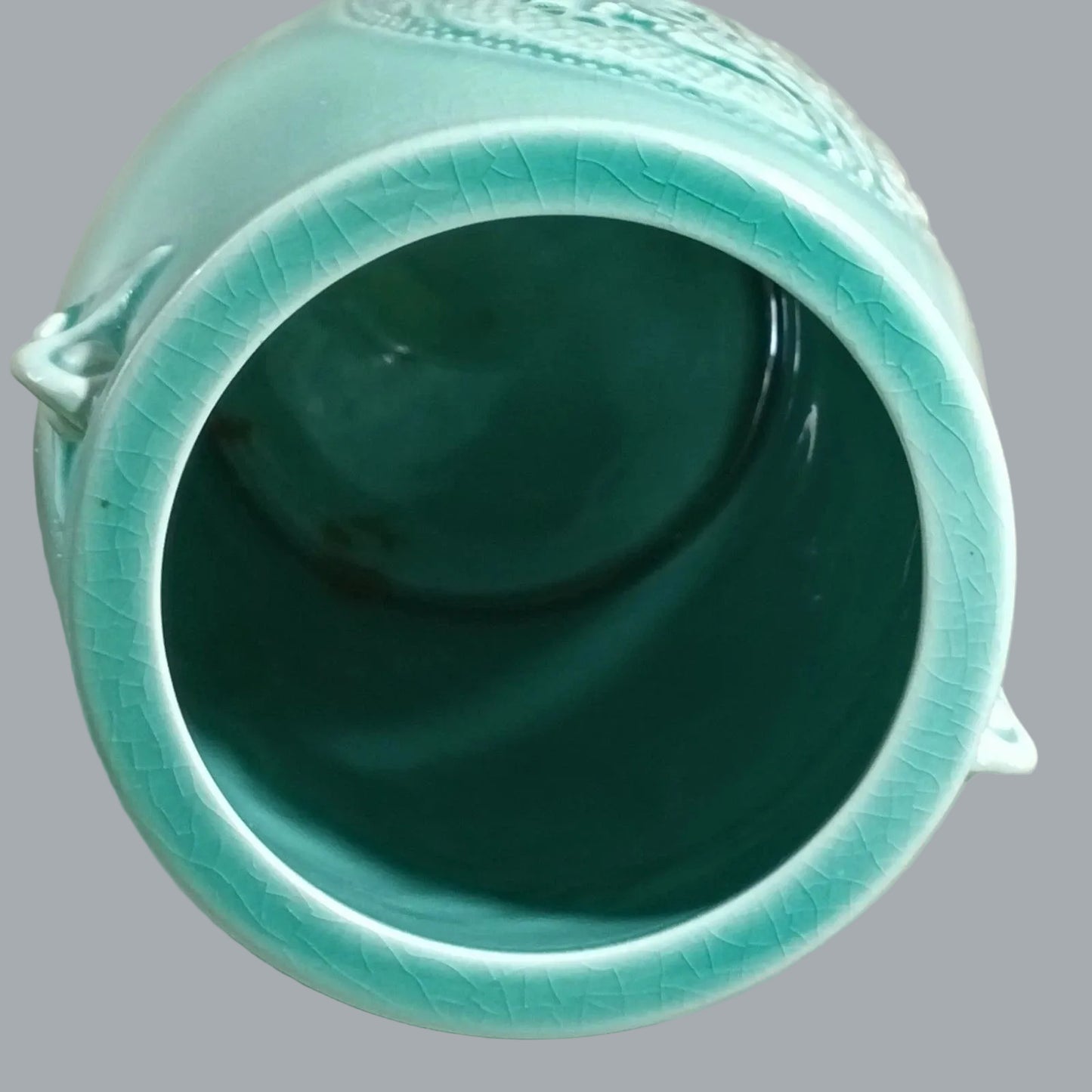 Vintage Celadon Dragon Phoenix Vase Crackle Glaze 5" Turquoise