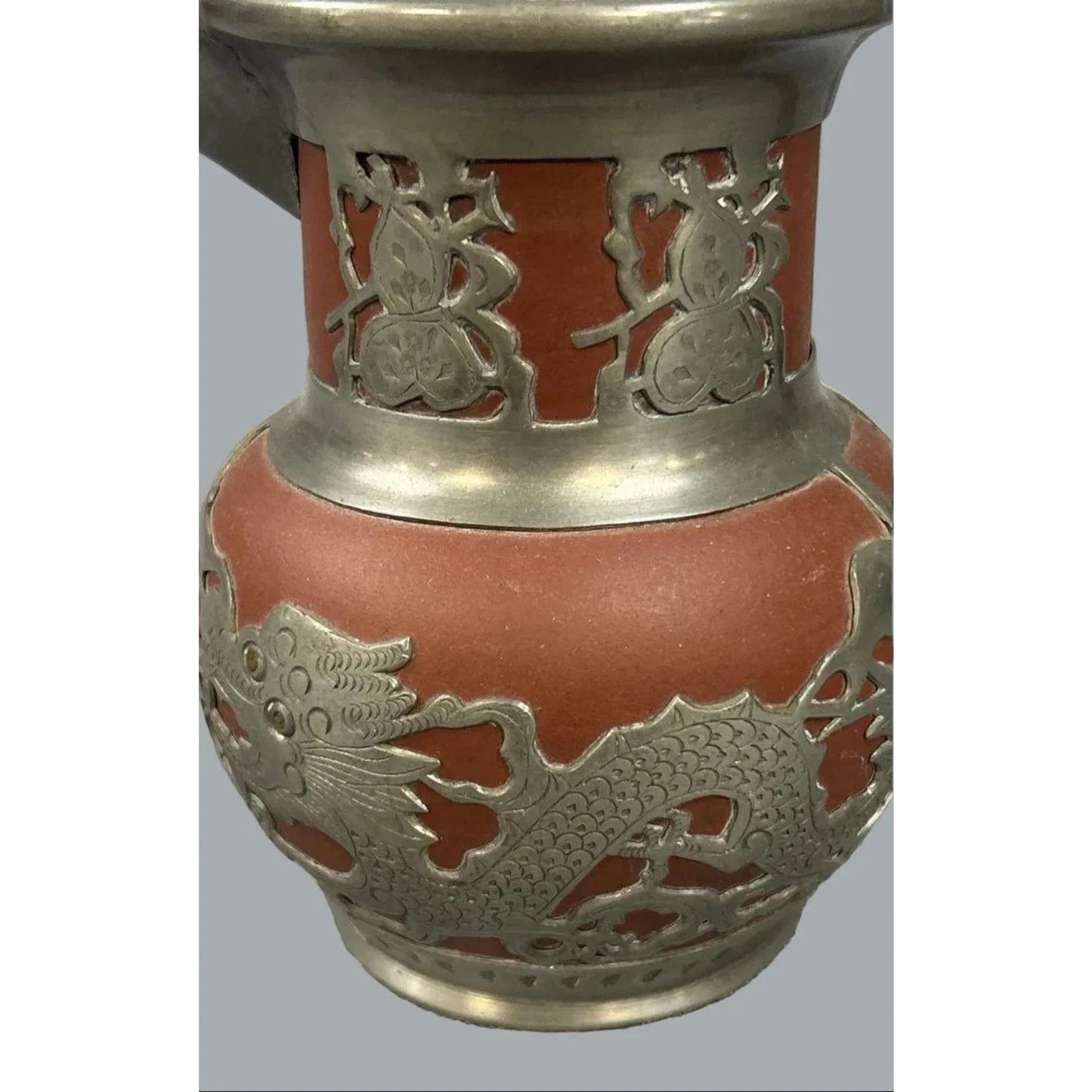 Vintage Shanghai China Pewter Overlay Dragon Red Clay Teapot 6"