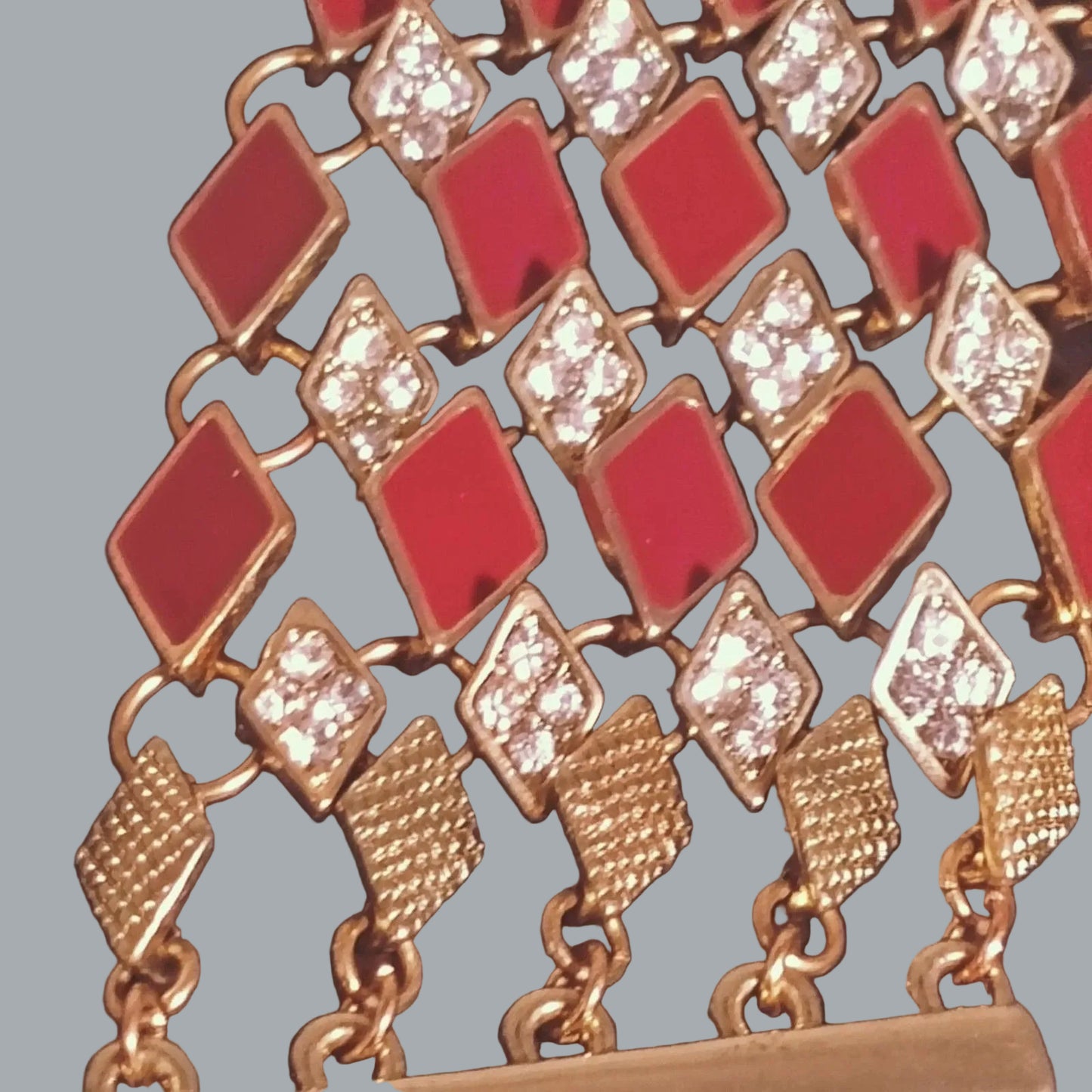 Red Enamel & Rhinestone Gold Tone Art Deco Link Bracelet Wrap Style