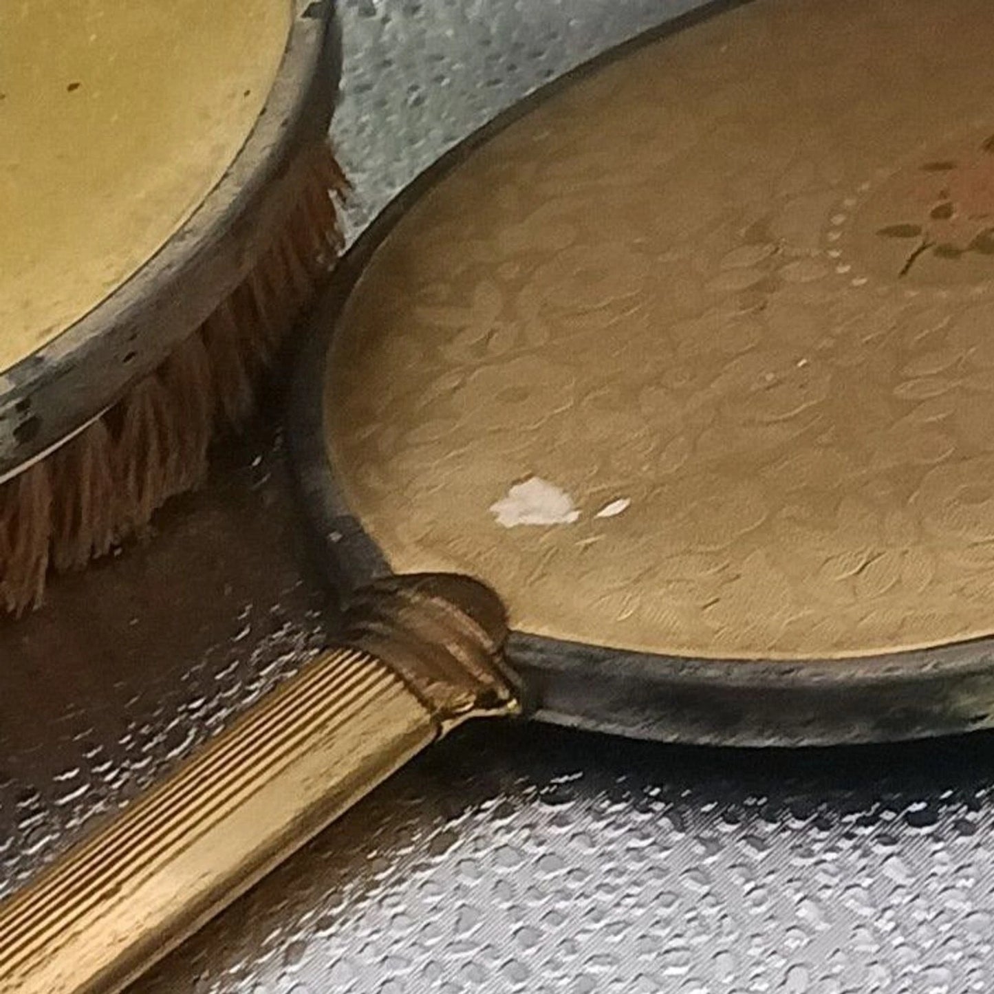 Vintage Gold-Tone Vanity Hand Mirror & Hair Brush Set Floral Design