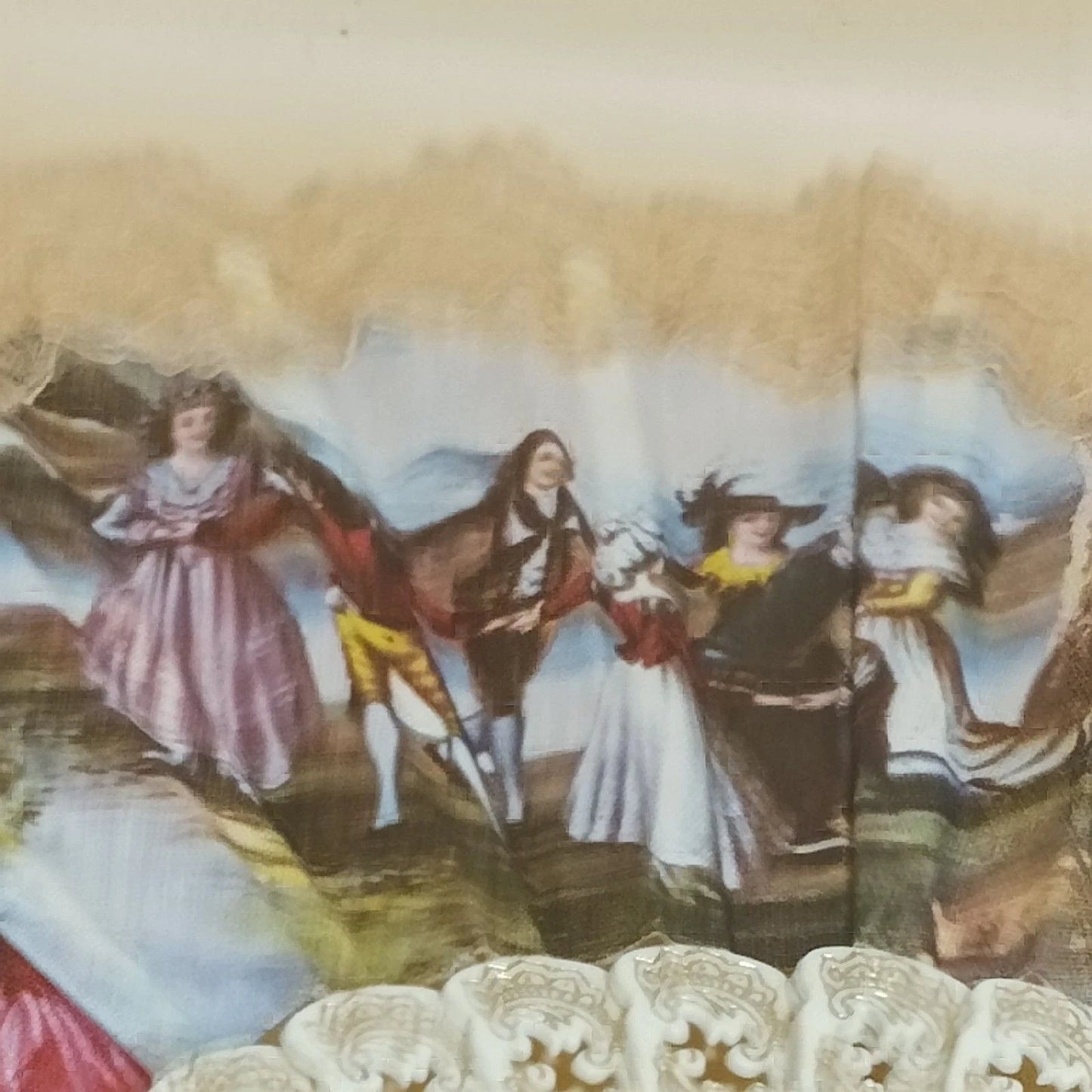 Vintage Style Lace Folding Hand Fan White & Gold Pastoral Scene 20"