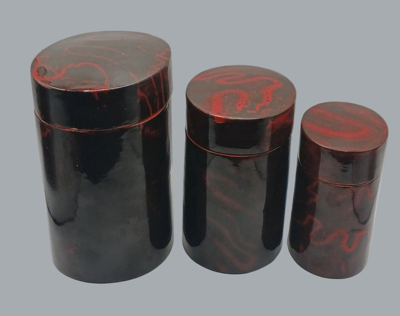 Vintage Japanese Lacquer Nesting Boxes Set - 6", 5", 4" Red & Black Marbled Jars