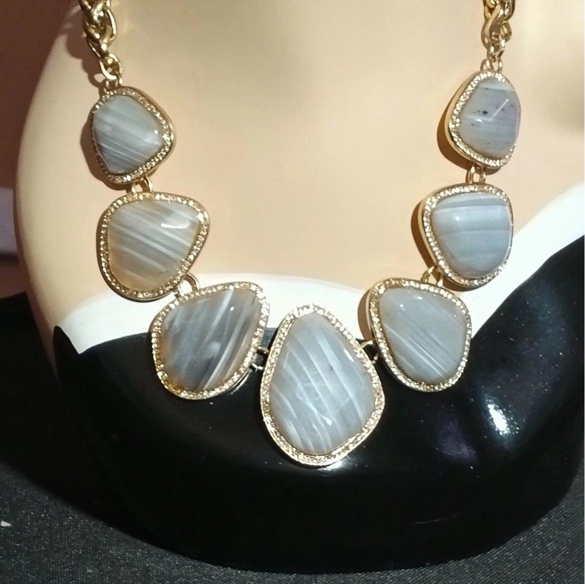 Banana Republic Gray Agate Statement Bib Necklace Gold Tone