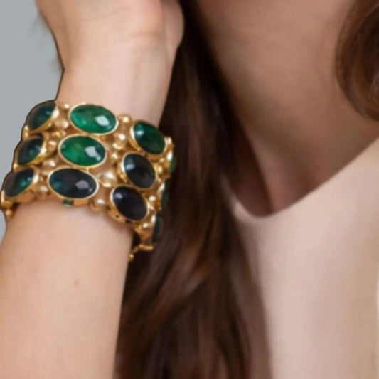 Gold Tone Green Oval Stone Stretch Bracelet 8" x 2" Chunky Statement