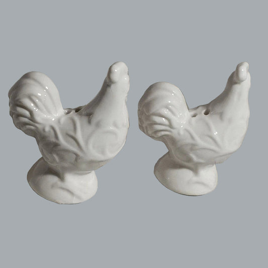 White Ceramic Rooster Salt Pepper Shakers Farmhouse Kitchen Decor Pair