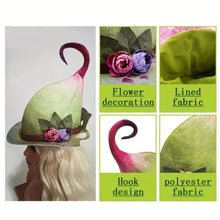 Load image into Gallery viewer, Whimsical Fantasy Green Felt Wizard Hat | Elf-Style with Pink &amp; Floral Accents
