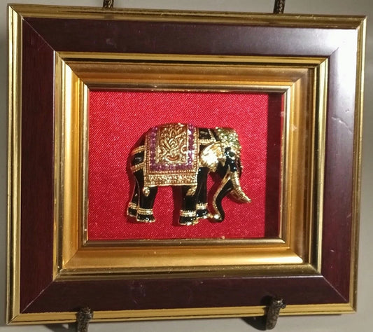 Vintage Jeweled Elephant Brooch Shadow Box Red Velvet Frame Decor