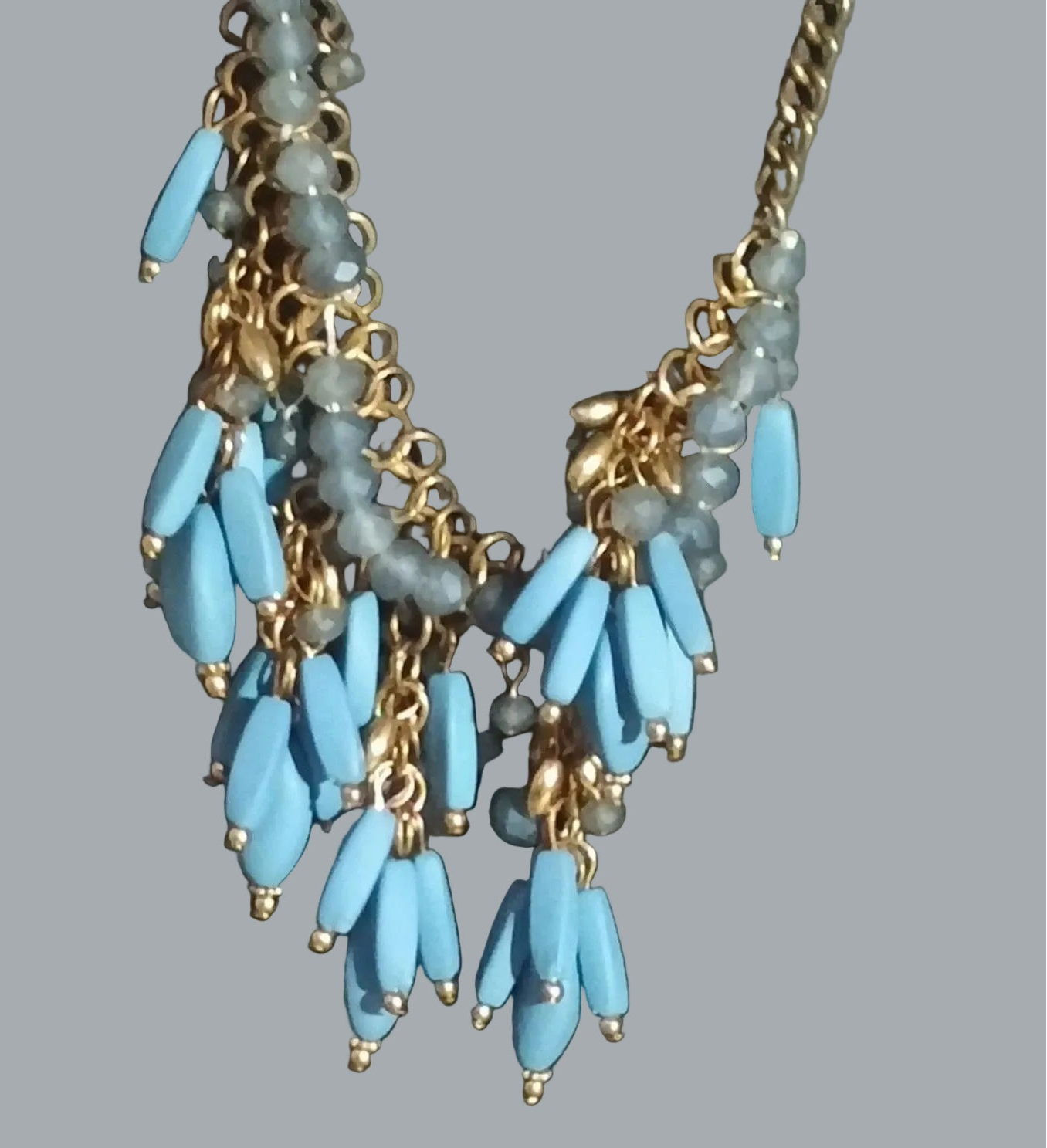 Goldtone Blue Spike Fringe Statement Necklace Gray Faceted Beads
