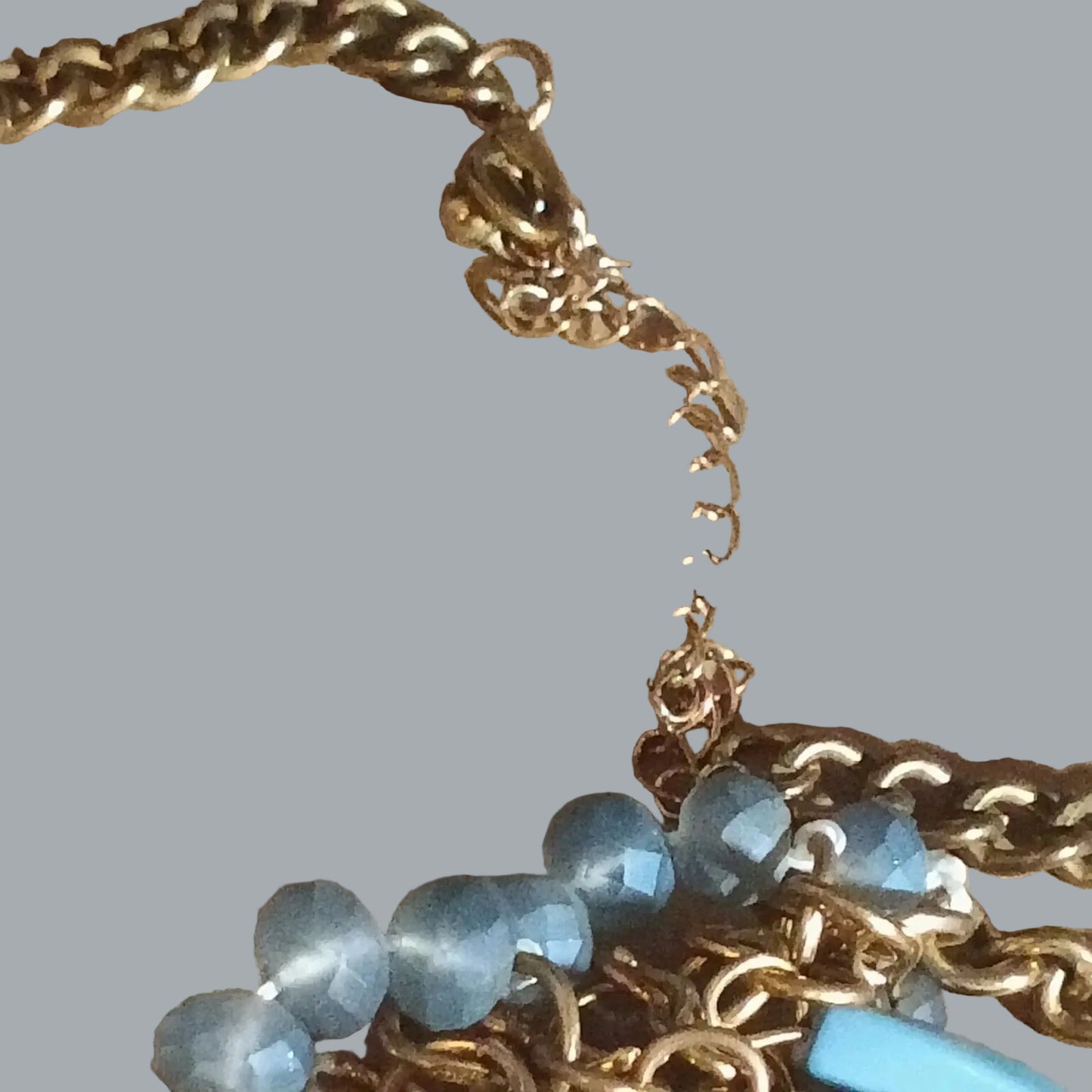 Goldtone Blue Spike Fringe Statement Necklace Gray Faceted Beads