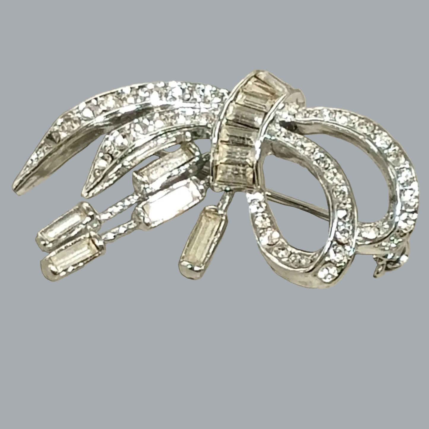 Vintage Rhinestone Bow Brooch Silver Tone Baguette & Round Stones 1.75”