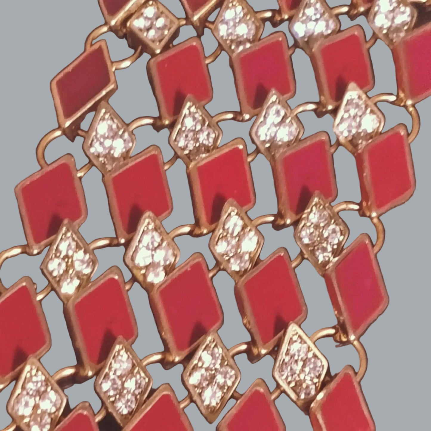 Red Enamel & Rhinestone Gold Tone Art Deco Link Bracelet Wrap Style