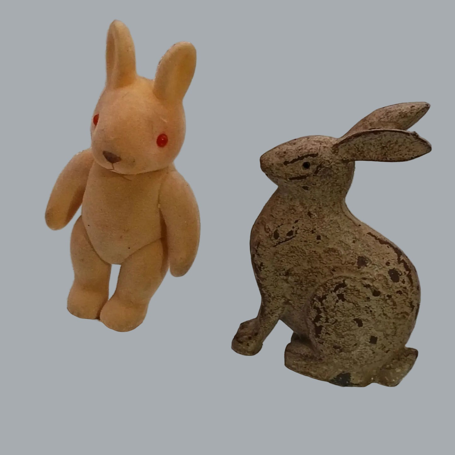 Lot of 2 Vintage Bunny Figurines – Flocked Squeeze Toy & Chalkware Rabbit