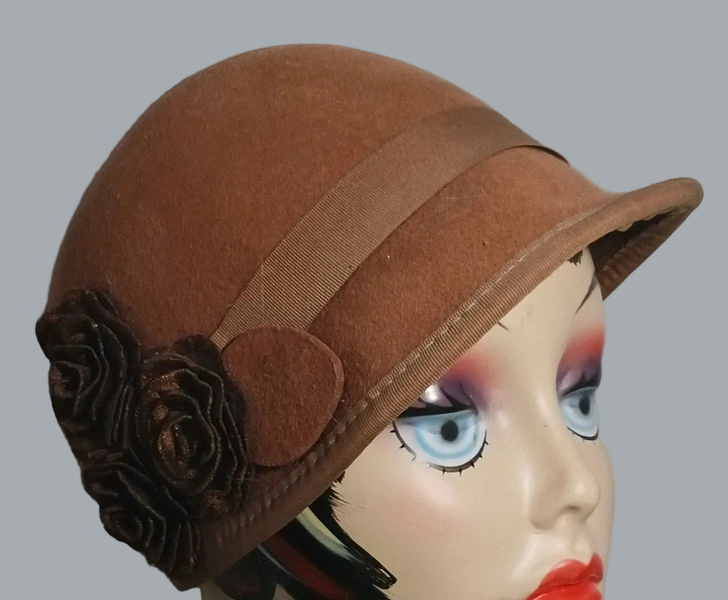 Nine West Brown Wool Felt Cloche Hat w/ Rosette Trim One Size