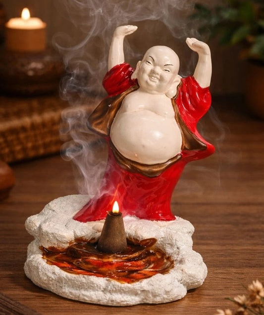Vintage Laughing Buddha Incense Burner Ceramic Red Robe Zen Decor 7.5”