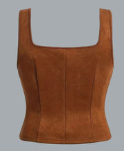 Load image into Gallery viewer, Vintage-Inspired Elegant Brown Crop Top drawstring lace-up front Size 12
