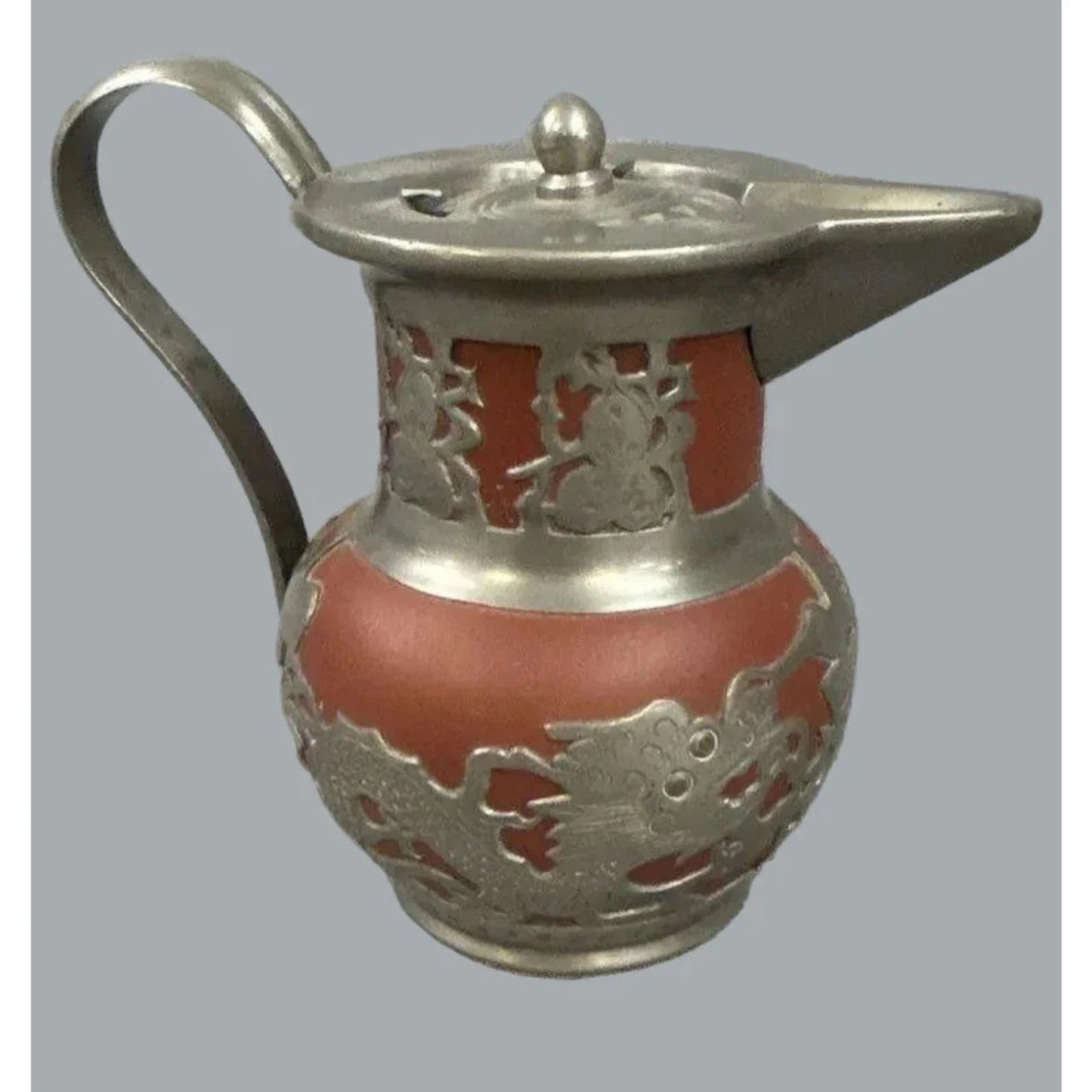 Vintage Shanghai China Pewter Overlay Dragon Red Clay Teapot 6"
