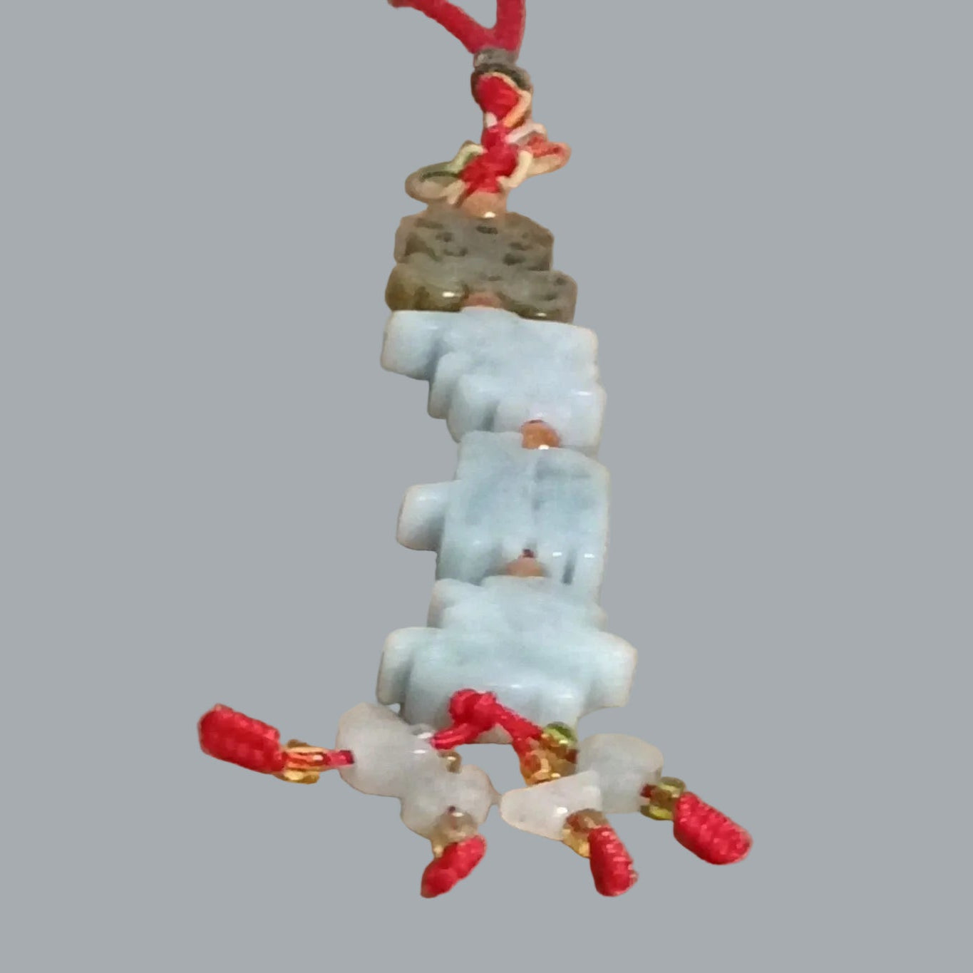 Carved 4 Stones Chinese Lucky Charm Red Cord Hanging Ornament Pendant 10" Long