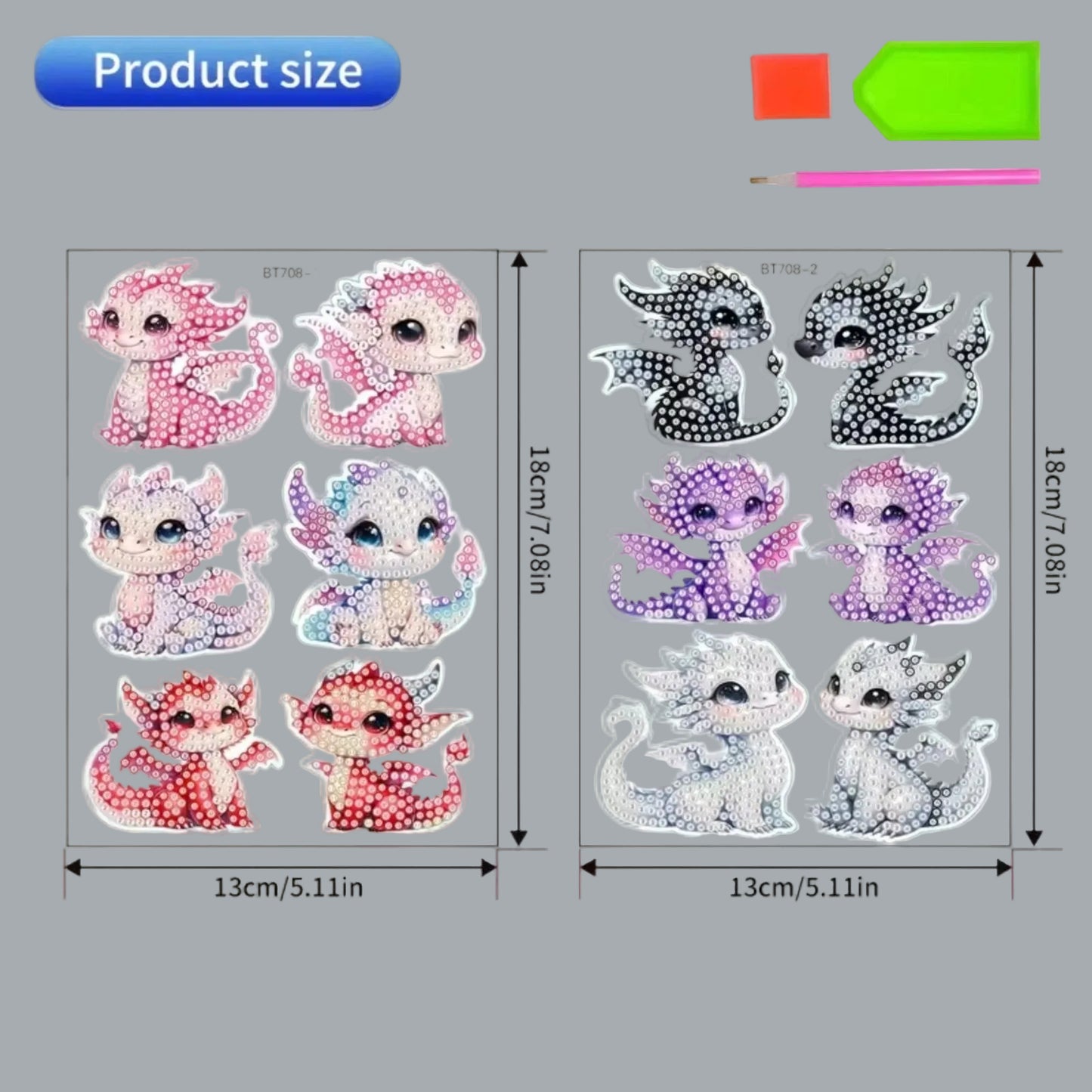 12pc 5D Diamond Painting Dragon Stickers Kit Round Beads DIY Craft