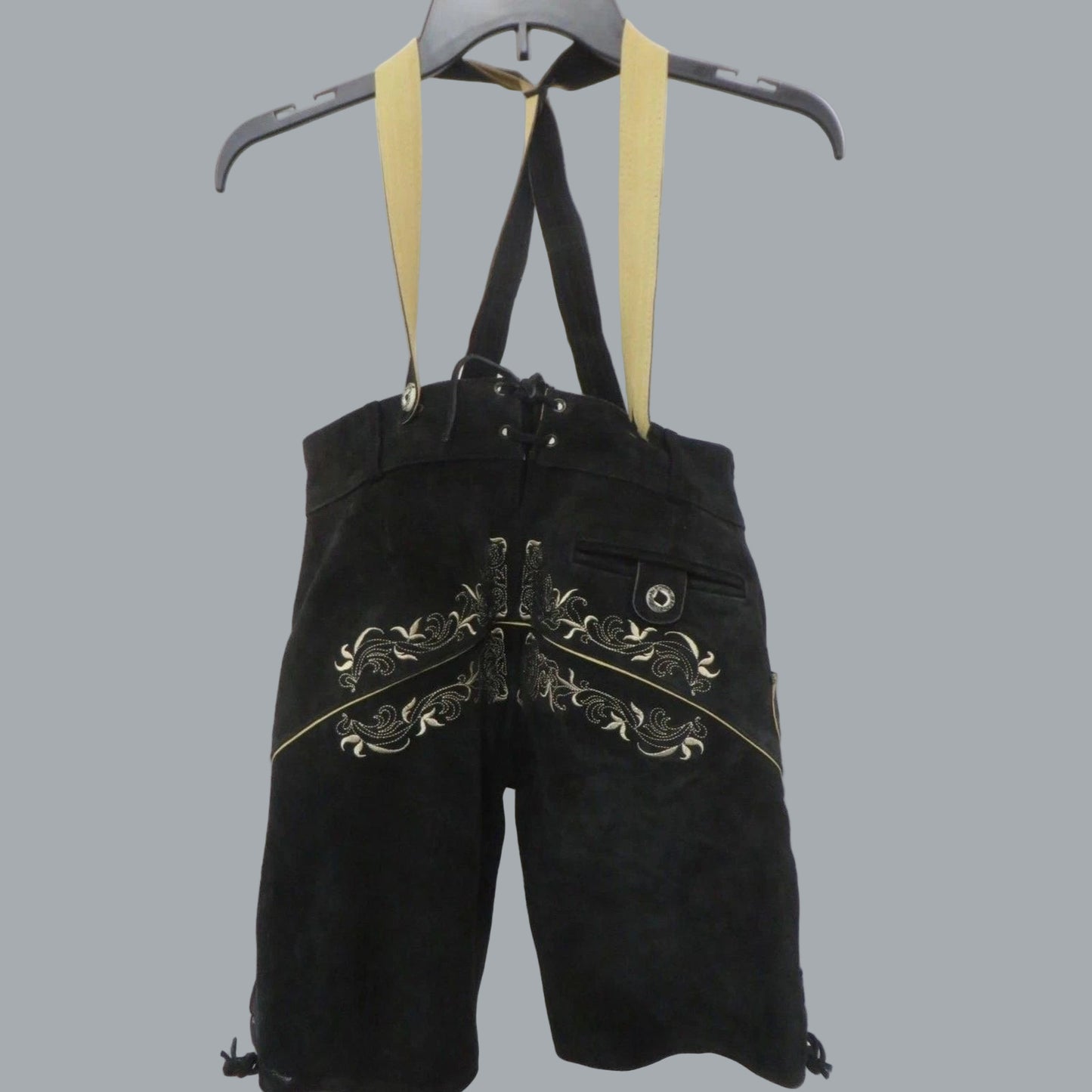 Black Leather German Lederhosen Shorts Embroidered Bavarian Suspenders 32