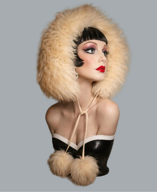 Lamb In Italy Ivory Shearling Lamb Fur Hood Hat Tie Pom Pom Winter