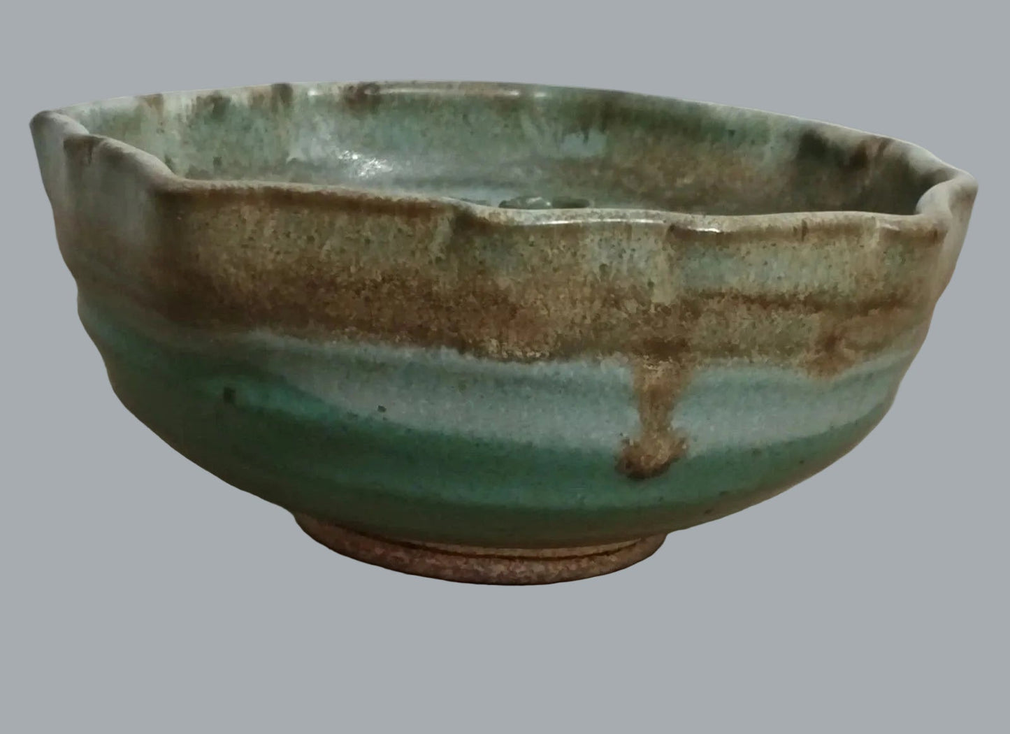 Studio Pottery Ikebana Flower Bowl Vase w/ 3 Tube Frog Green Blue Glaze