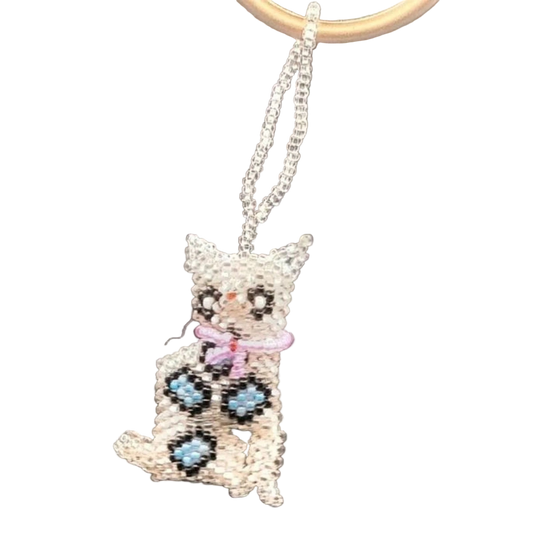 Cat Seed Bead Ethically Made Keychain - Zipper pull - Guatemala 2"