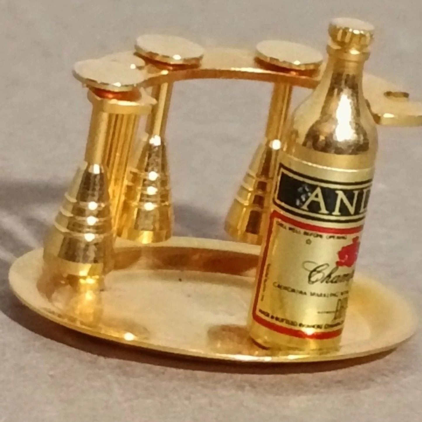 Dollhouse Mini Champagne Tray Set 1” Bottle + 3 Glasses Goldtone Metal