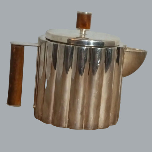 Modernist silverplate teapot wood handle Made in India 5in tall