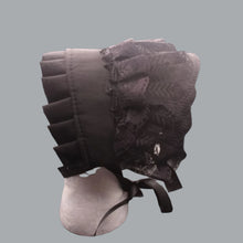 Load image into Gallery viewer, Black Elegant Lace-Trimmed Ruffled Bonnet with Black Bow Accent

