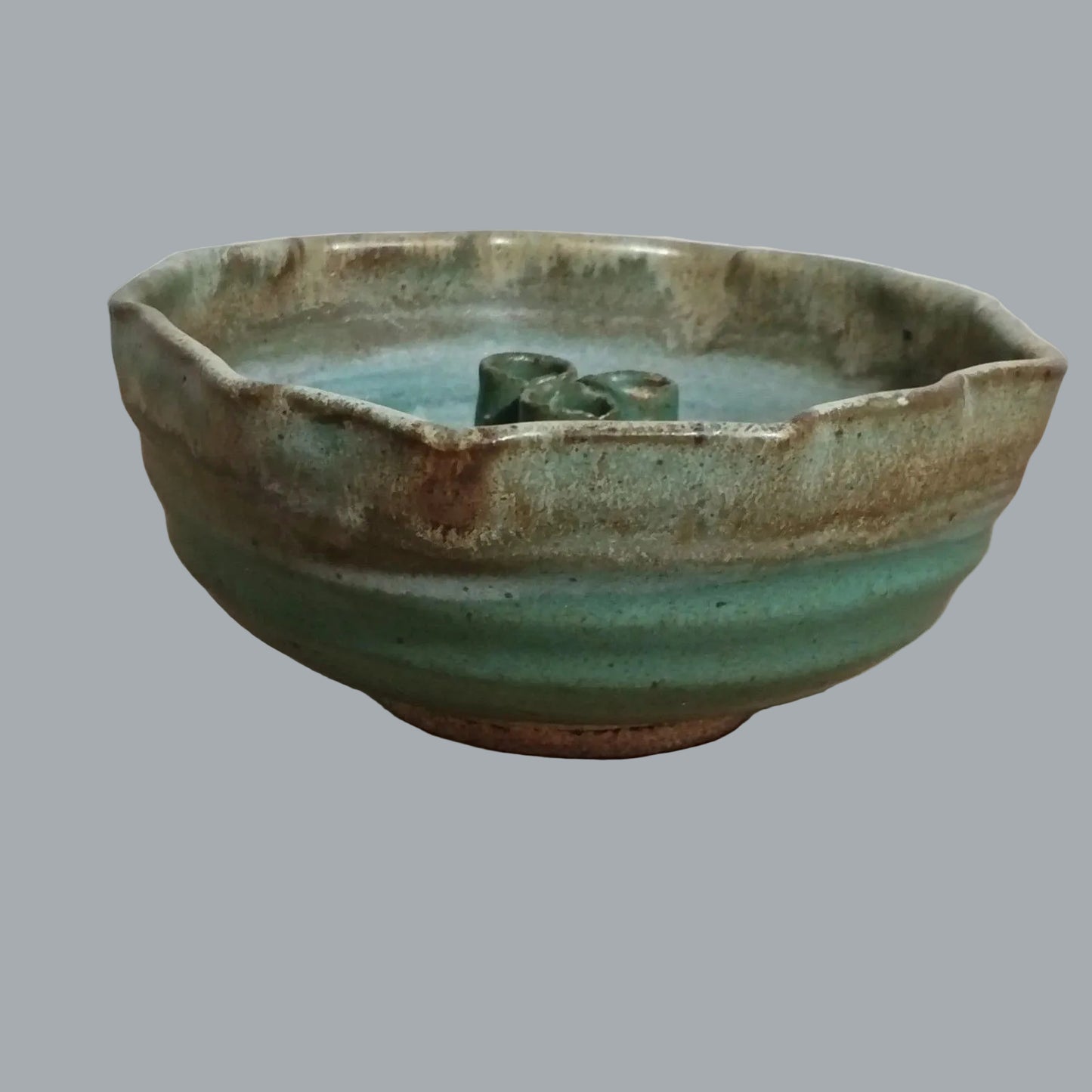 Studio Pottery Ikebana Flower Bowl Vase w/ 3 Tube Frog Green Blue Glaze