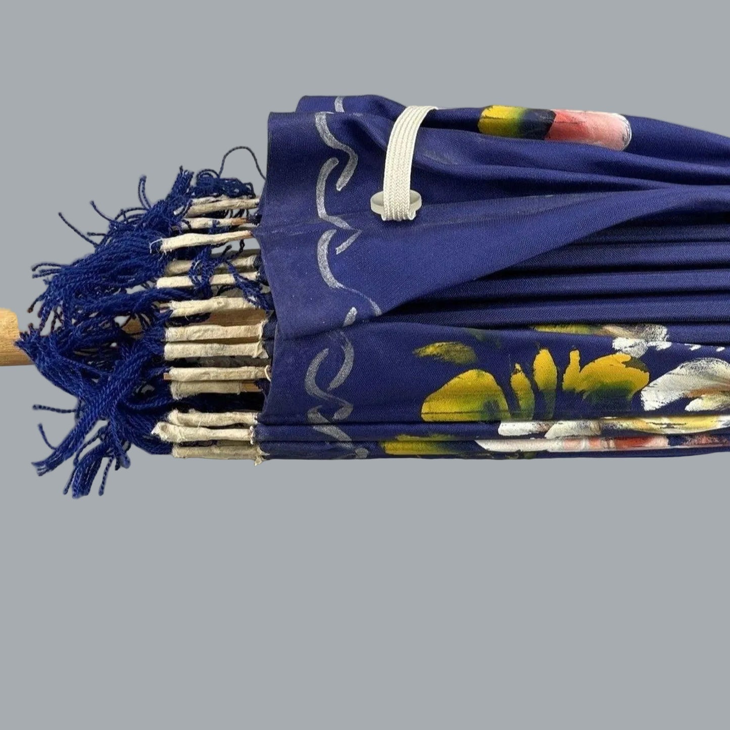 Vintage Blue Hand Painted Asian Parasol Wood Handle 25" Umbrella