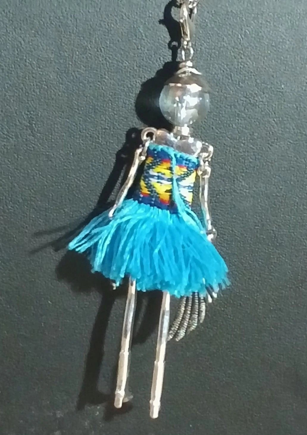Boho Doll Pendant Necklace 28" Silvertone Chain Turquoise Fringe 4.5"