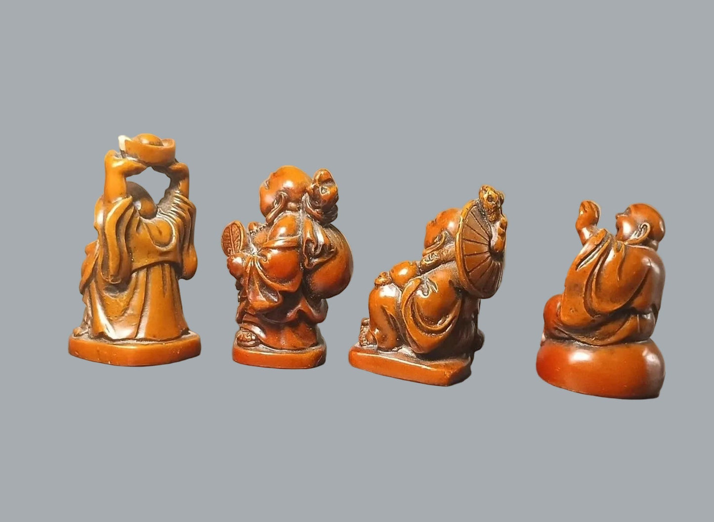 Set 4 Laughing Buddha Figurines Resin Feng Shui Budai Statues 2" Sm Chip on Hat