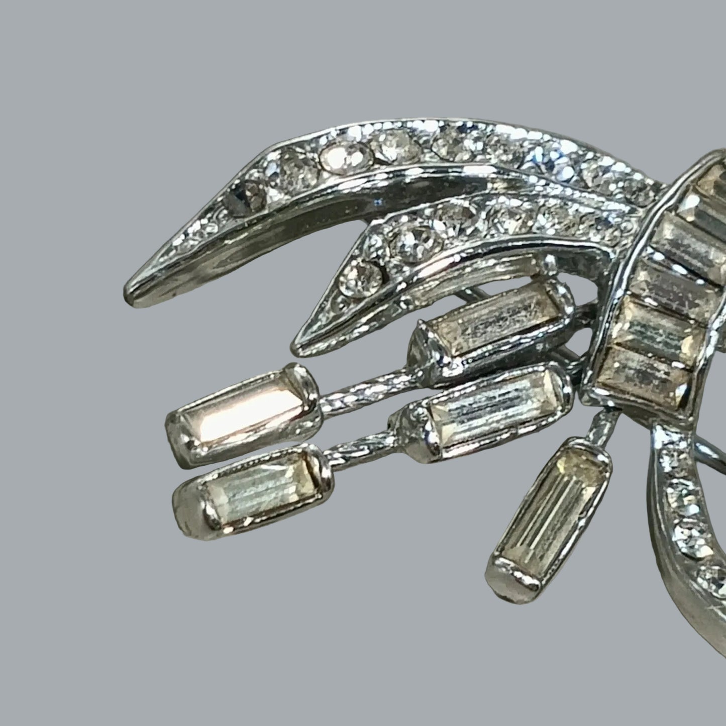 Vintage Rhinestone Bow Brooch Silver Tone Baguette & Round Stones 1.75”