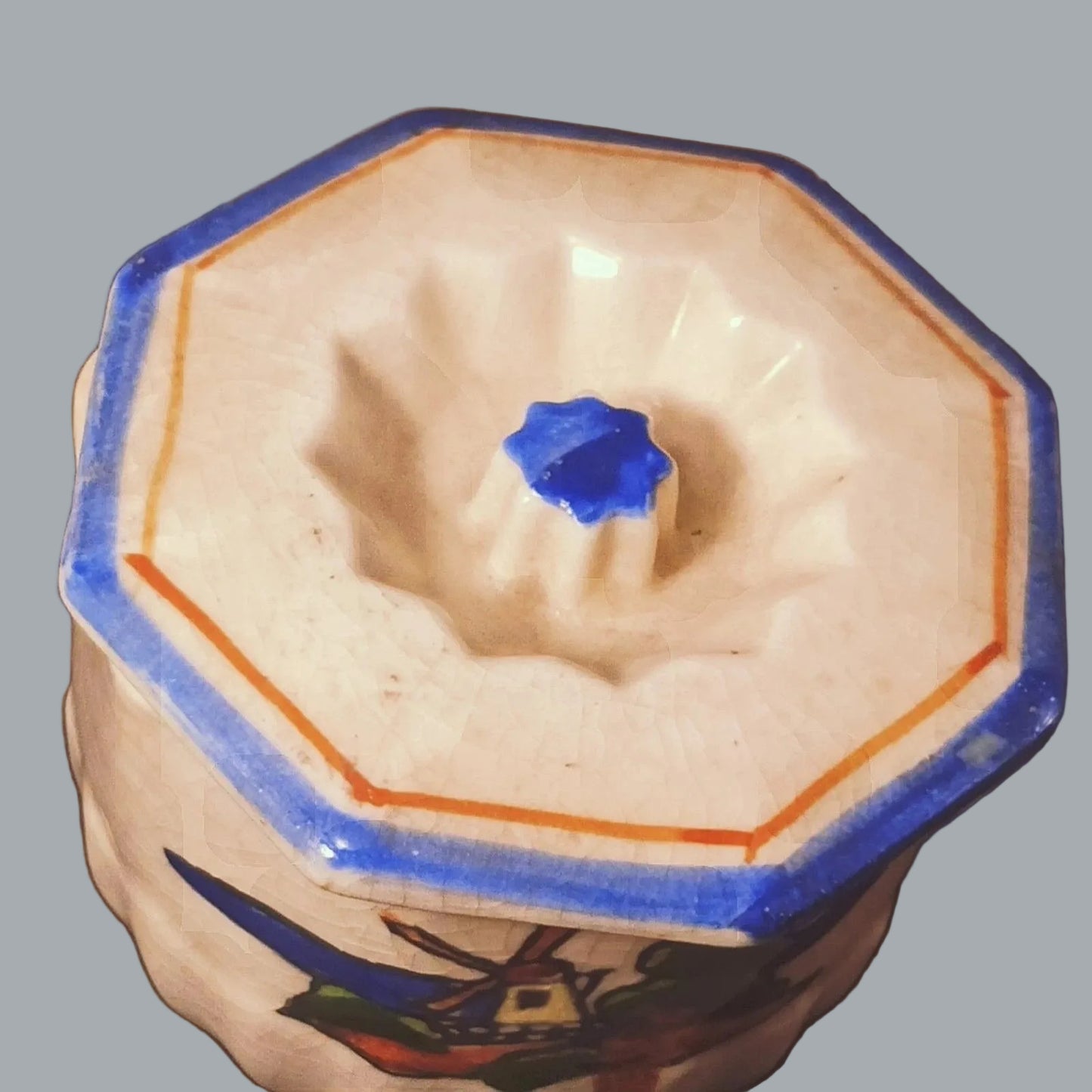 Vintage Delft Style Windmill Trinket Box w/ Lid Crackle Glaze 3”