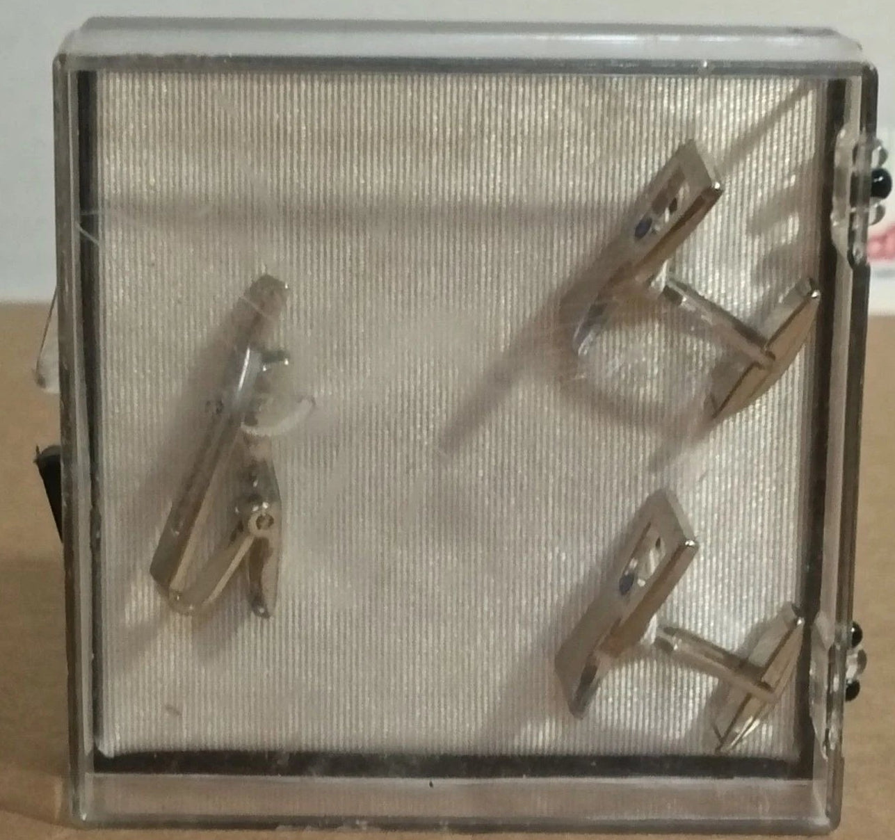 Mens Vintage Silver Tone Buckle Cufflinks Tie Clip Blue Rhinestone