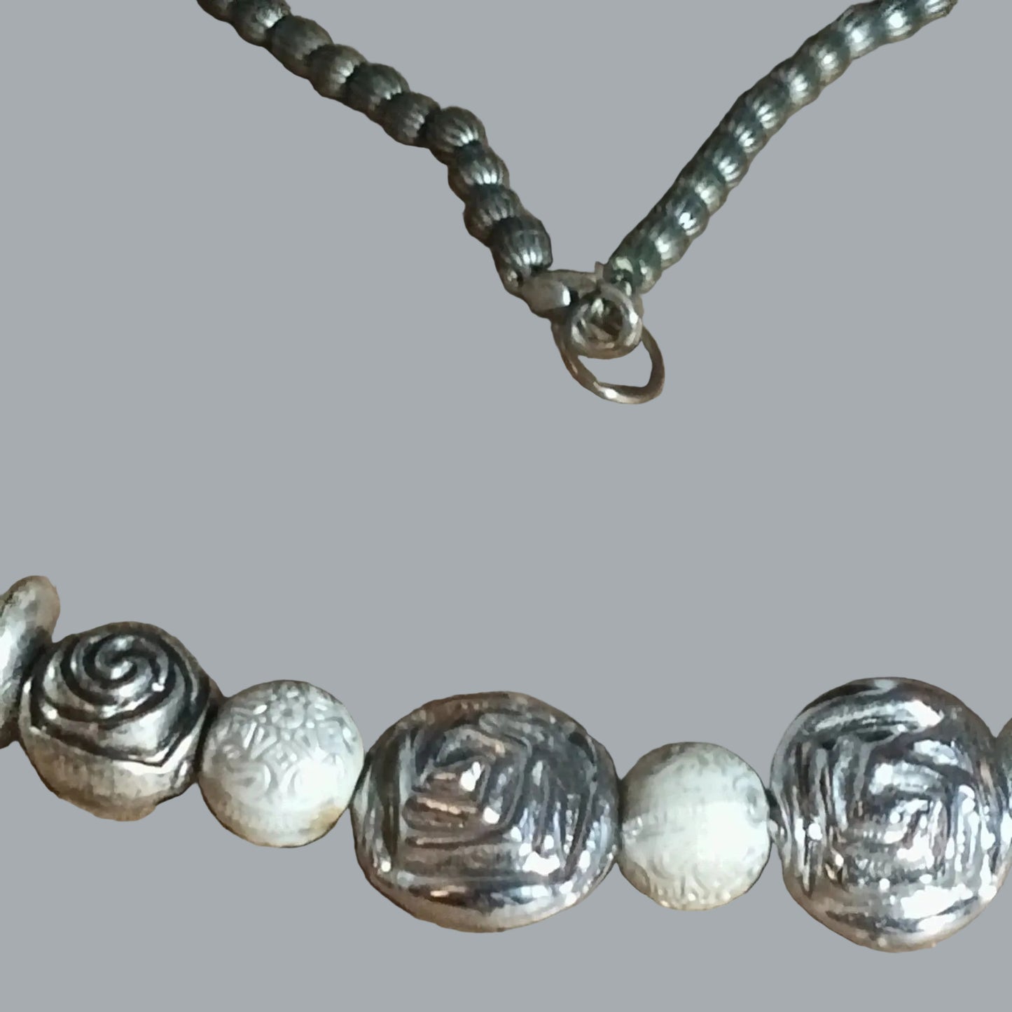 Boho Metallic Bead Necklace 23" Silver Tone Accent Beads & White Beads