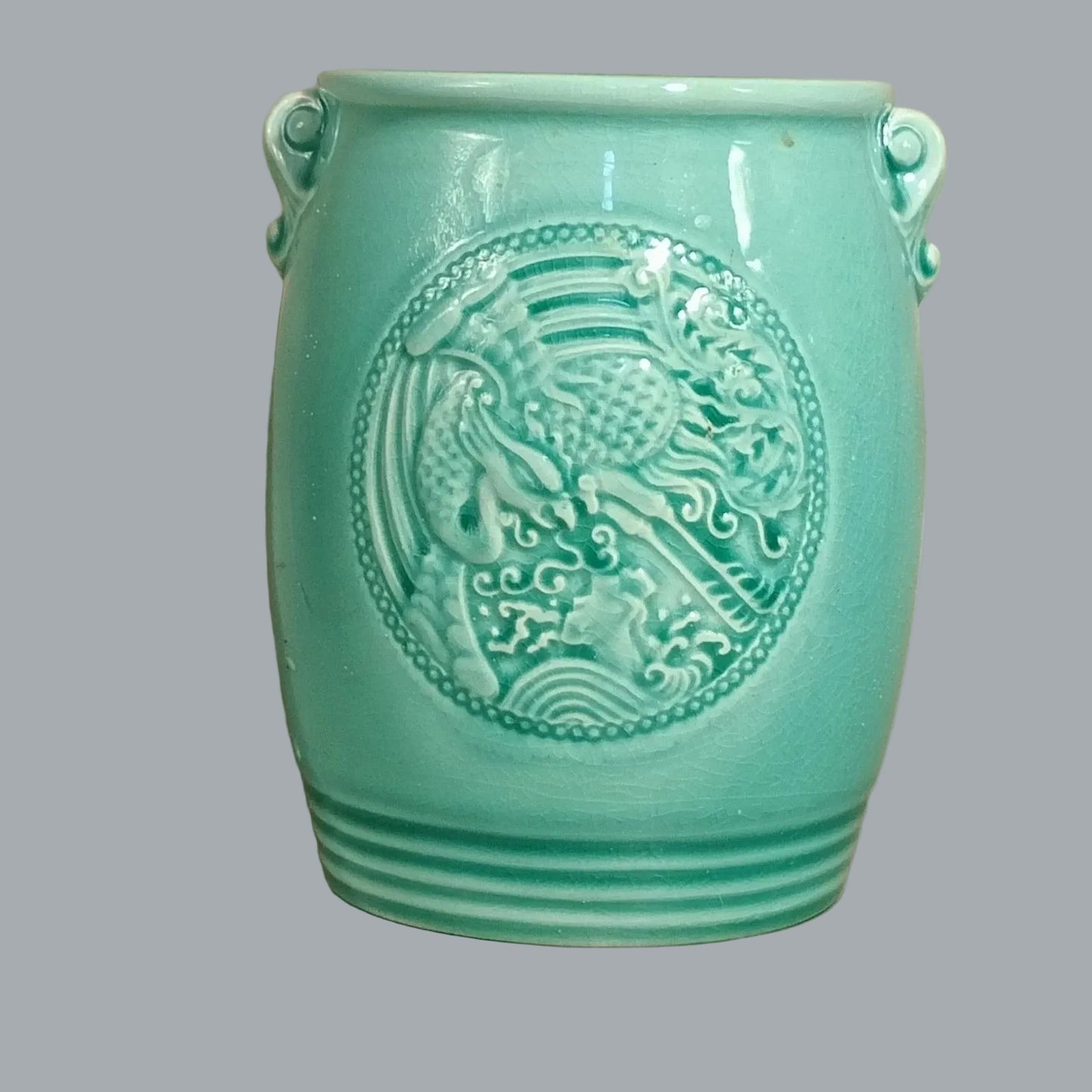 Vintage Celadon Dragon Phoenix Vase Crackle Glaze 5" Turquoise