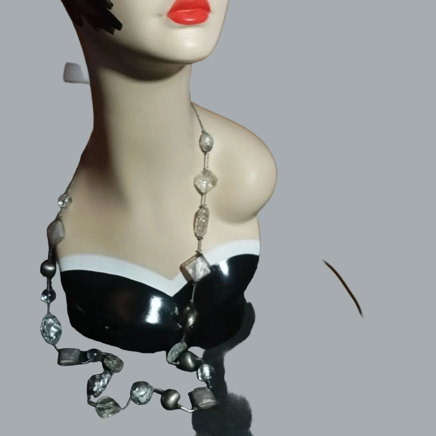 NY Signed Chunky Gray Clear Glass Bead Long Statement Necklace