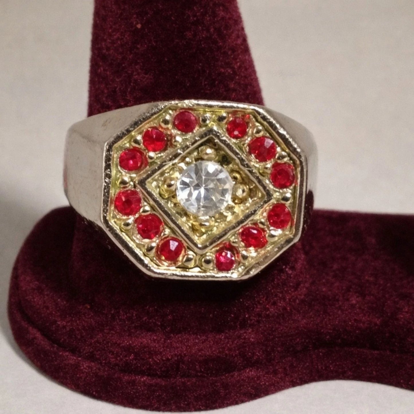 Vintage Red Rhinestone Halo Statement Ring Silver Tone Octagon Retro