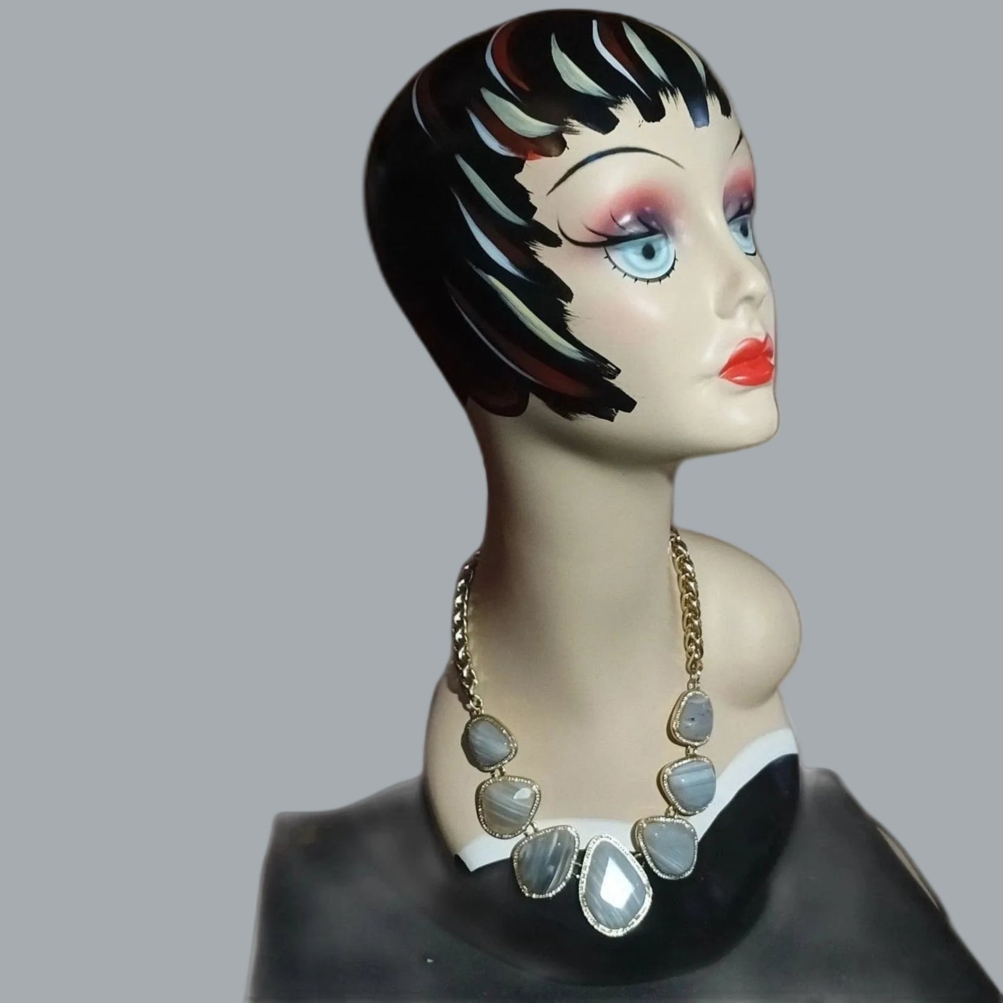 Banana Republic Gray Agate Statement Bib Necklace Gold Tone