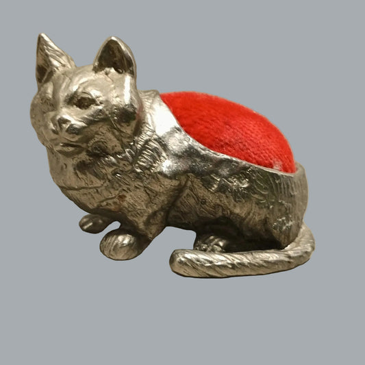 Vintage Metal Cat Pincushion Silver Tone Sewing Notion Figural 2.5
