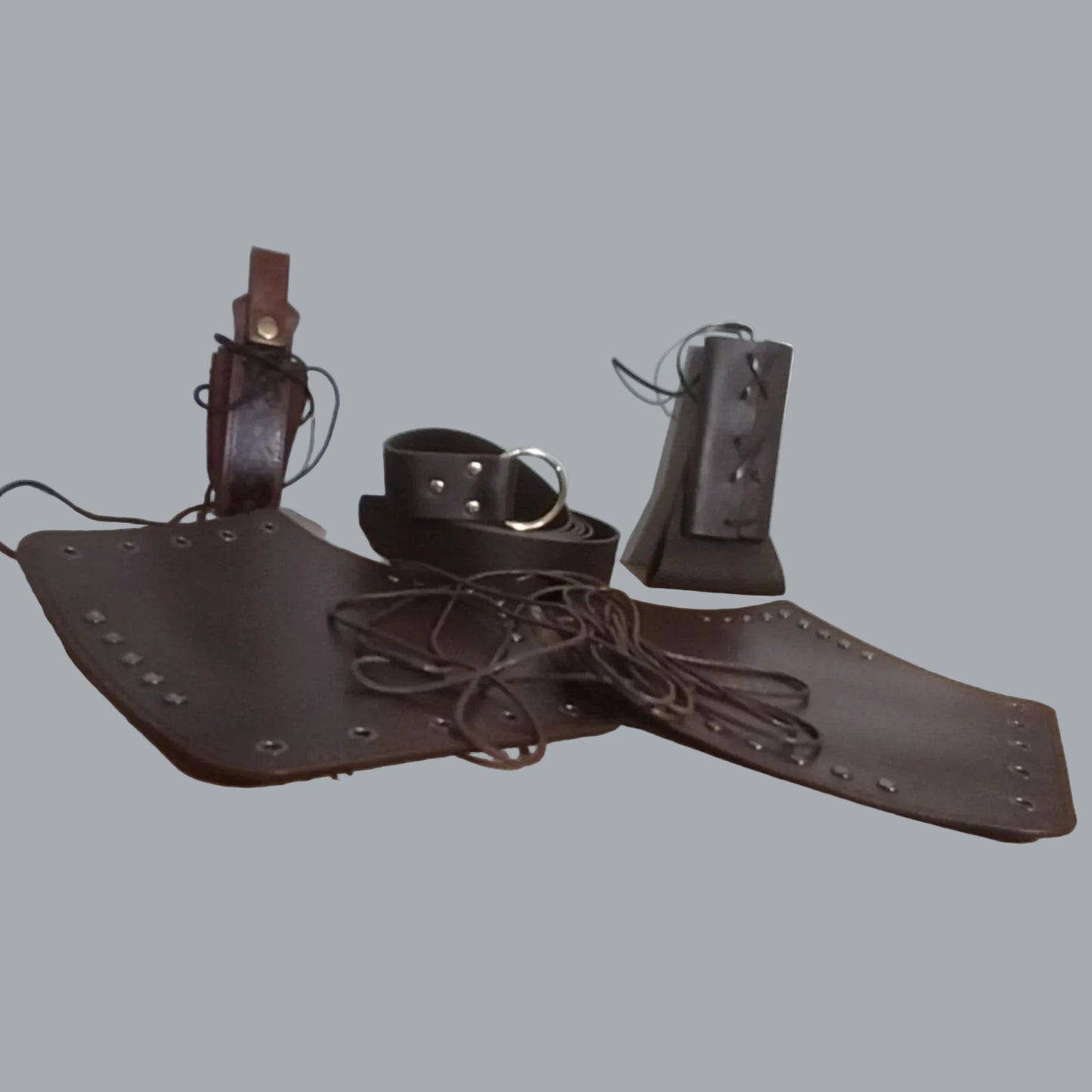 5pc Brown Faux Leather LARP Set Belt Pouch Scabbard + 2 Bracers NWT