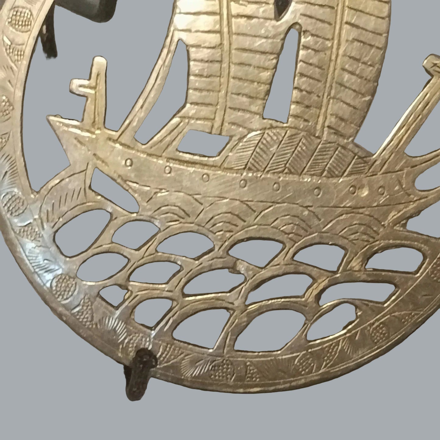 5.25" Brass Trivet Hot Plate Sailboat Cutout Decor Marked CHINA