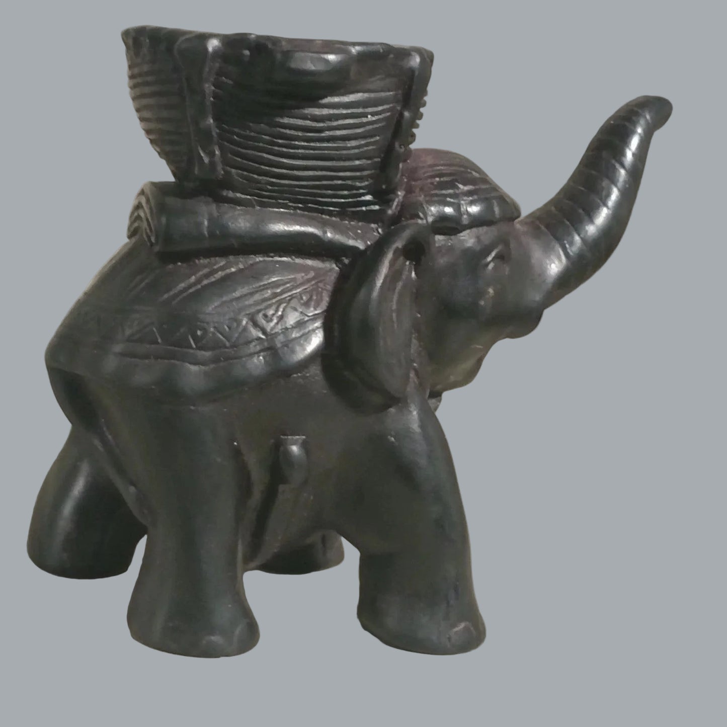 Vintage Elephant Basket Figurine Tribal Style Resin Safari Decor 5"