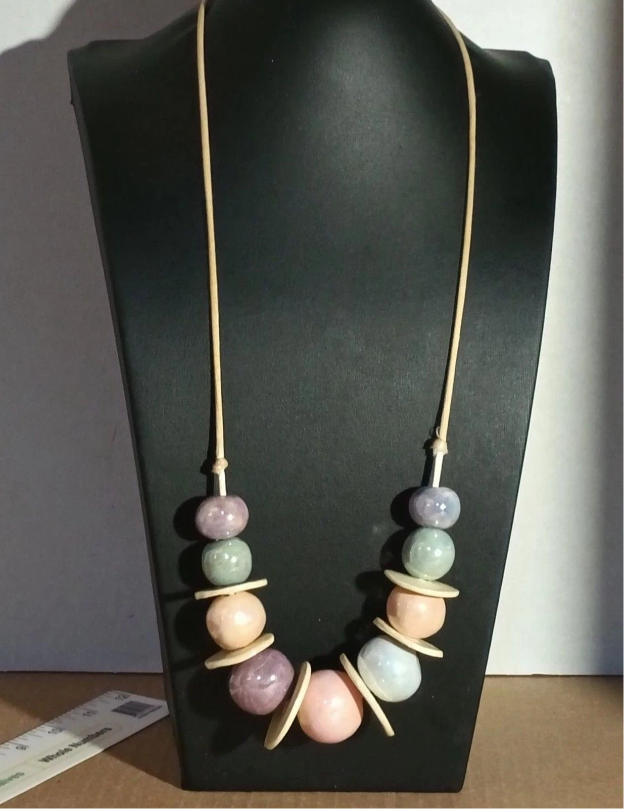 Pastel Glazed Ceramic Bead Necklace Adjustable 24” Tie Cord Statement 5oz