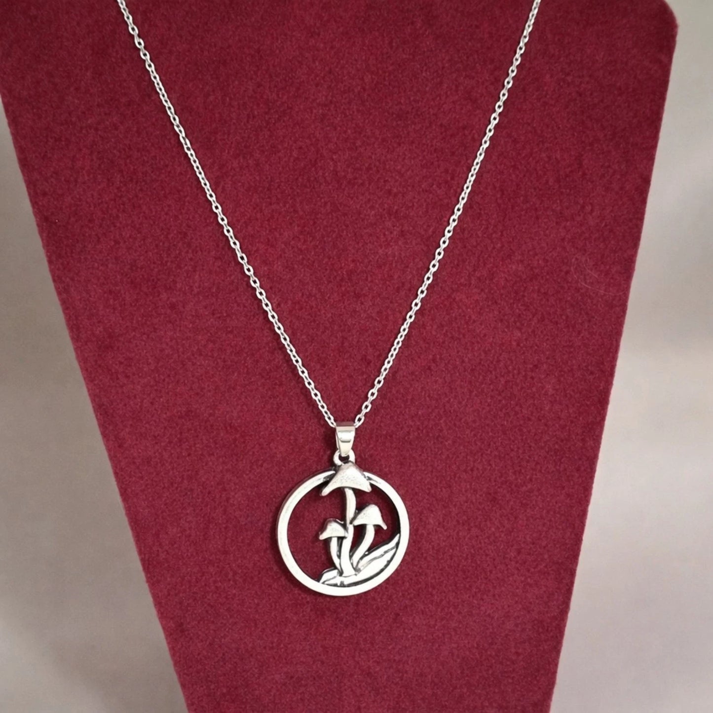 Silver Tone Mushroom Circle Pendant Necklace 19" Chain Nature Woodland