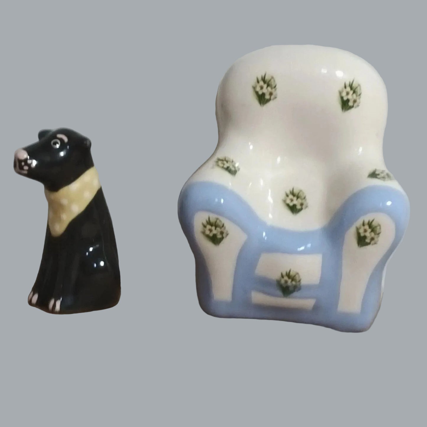 Dog on Couch Ceramic Salt & Pepper Shakers Floral Sofa Set